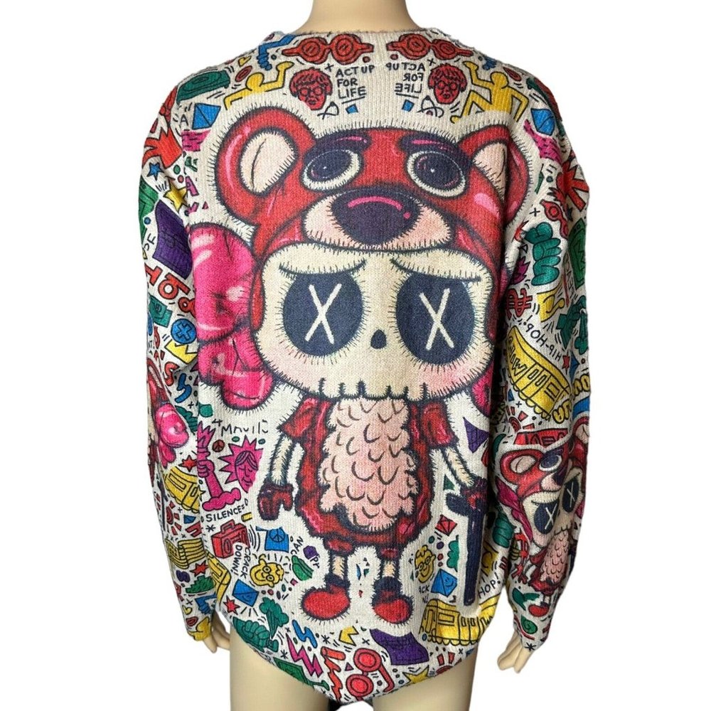 Womens Pullover Sweater Small Beige Red Stretch Crew Neck Print Bear Dolls Relax - Picture 10 of 16